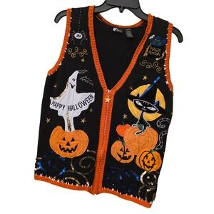 Holiday Editions Vintage 90s Halloween Sweater Vest Ghost Cat Pumpkin Medium